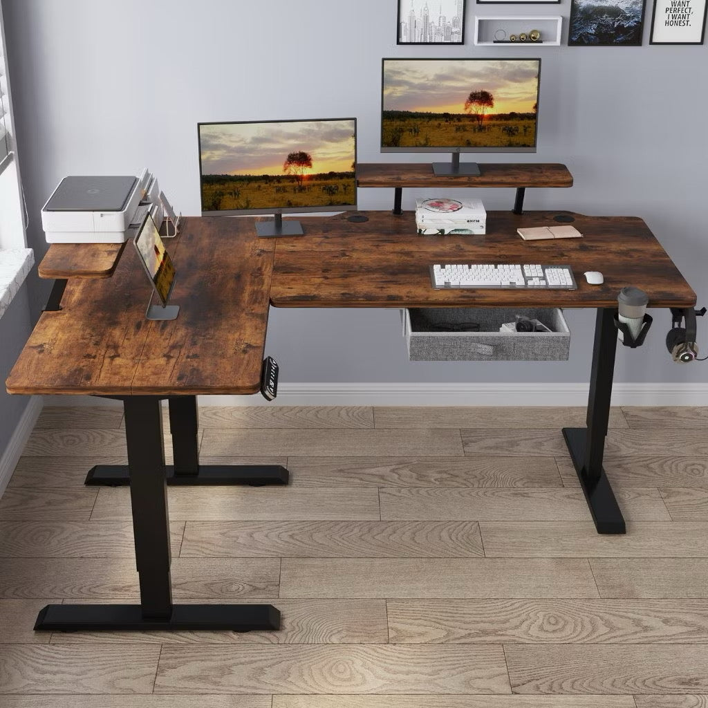 Mxtark 63 inches1.6M L Shape  Electric Standing Desk Single Motor  Stand Desk With Laminated drawer